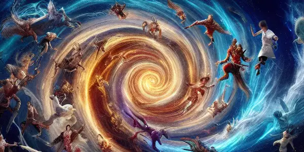 九尾狐与半妖角色的奇幻对抗，充满情感与悬念的场景。