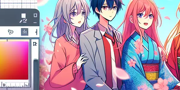 樱花瓣飘落，动漫角色 surrounded by vibrant colors，展现日本文化氛围。