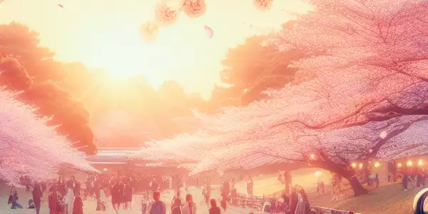 樱花盛开，游客在公园中赏花，阳光透过树木。