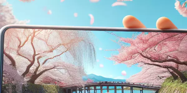 春天樱花树下，花瓣飘落，手机播放视频。