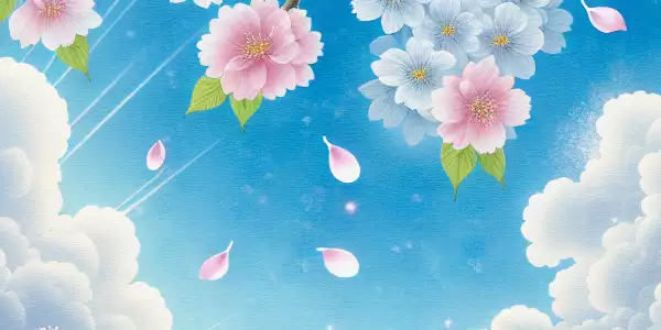 春天的日本樱花树下，花瓣飘落，蓝天白云映衬自然美景。