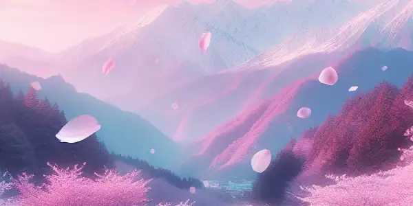 樱花盛开的春天风景，花瓣飘落，体现自然美与宁静。