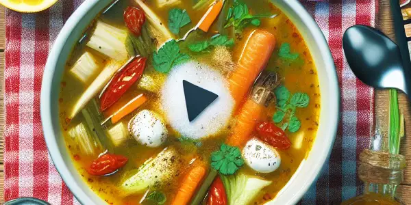 汤的食材和成品，温馨厨房中的烹饪场景。