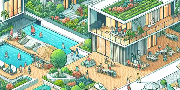 现代化的海角社区，绿化环境与友好氛围，居民参与社区活动。