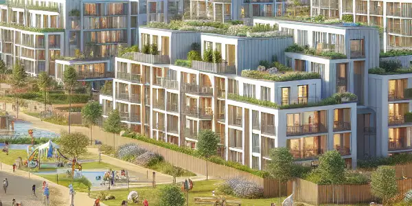 现代海角社区，包含绿化、公共设施和家庭友好的社交空间。