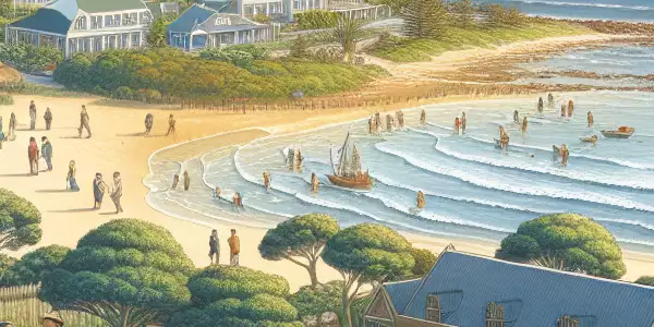 海角社区的自然风光与人文活动，居民在海滩享受休闲时光。