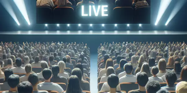 现代化的直播看片大厅，观众热情互动，高清大屏幕播放视频。