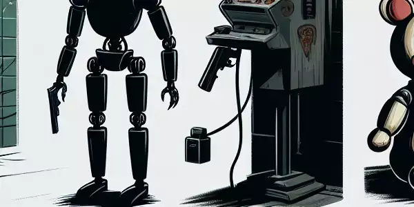 恐怖的机械玩偶在黑暗的披萨店中。