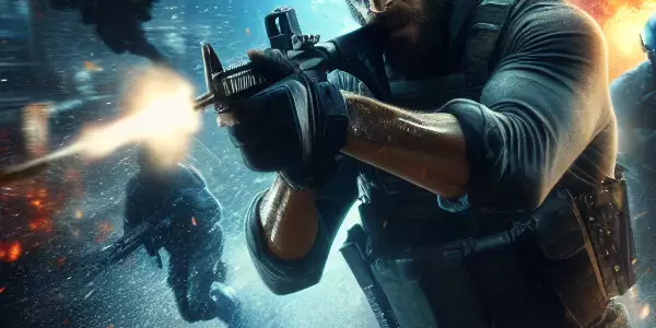 动作电影中的打斗和爆炸场景，家庭影院观影体验。